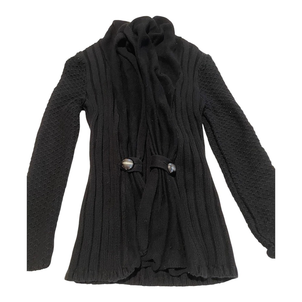 Guess Jeans Black Ribbed Knit‎ Draped Cardigan Mixed Sleeve Toggle Closure
